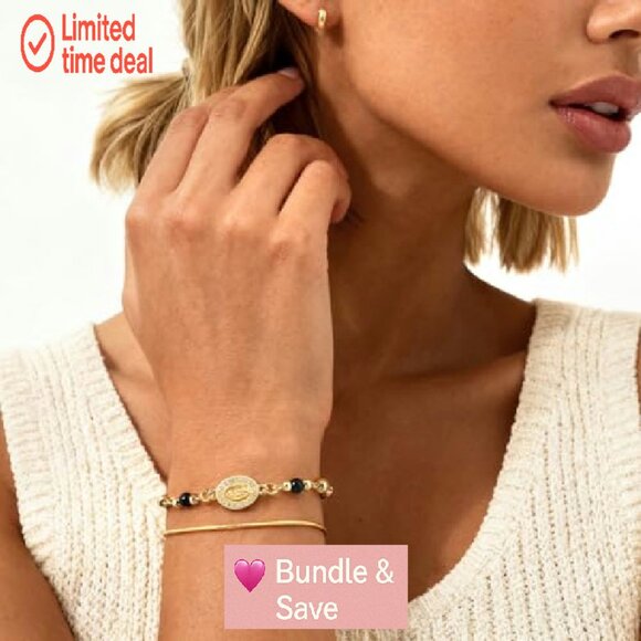 14K Gold Plated Virgin Mary Cross Bracelet Adjustable Natural Stone - Picture 4 of 8